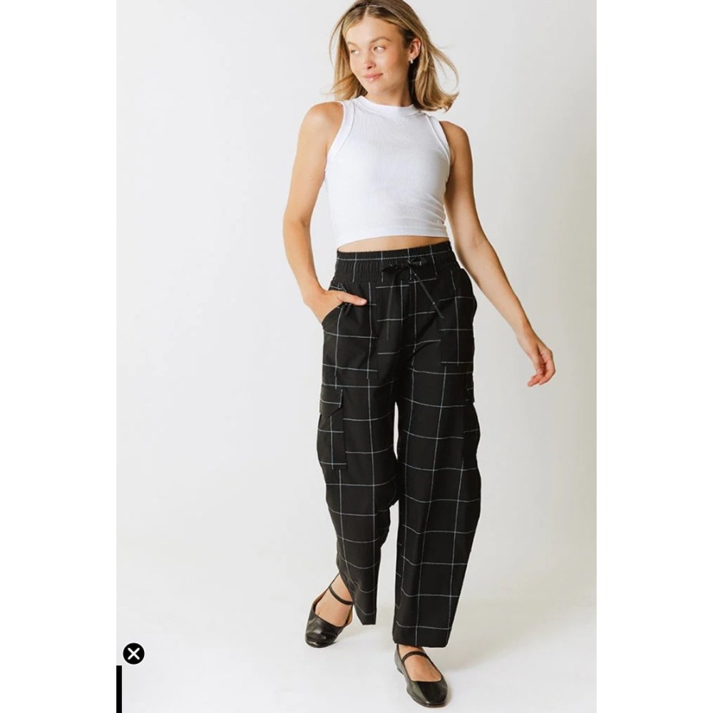 Albion Audrey Cargo Trouser Size XS Black Windowpane Grid Wide Leg High Rise